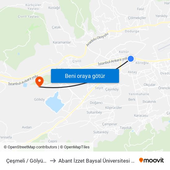 Çeşmeli / Gölyüzü Adese to Abant İzzet Baysal Üniversitesi Kongre Merkezi map