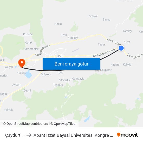 Çaydurt 23 to Abant İzzet Baysal Üniversitesi Kongre Merkezi map