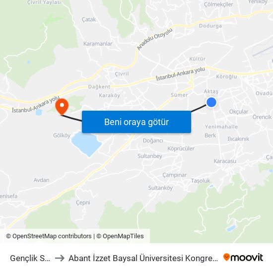 Gençlik Spor to Abant İzzet Baysal Üniversitesi Kongre Merkezi map