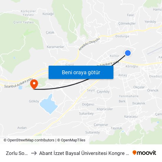 Zorlu Sokak to Abant İzzet Baysal Üniversitesi Kongre Merkezi map