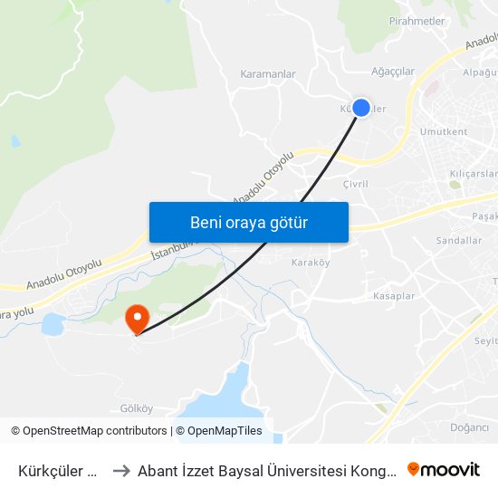 Kürkçüler Camii to Abant İzzet Baysal Üniversitesi Kongre Merkezi map