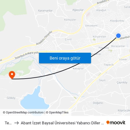 Teiaş to Abant İzzet Baysal Üniversitesi Yabancı Diller Yüksekokulu map