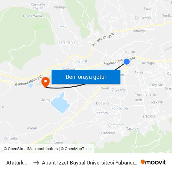 Atatürk Bulvarı to Abant İzzet Baysal Üniversitesi Yabancı Diller Yüksekokulu map