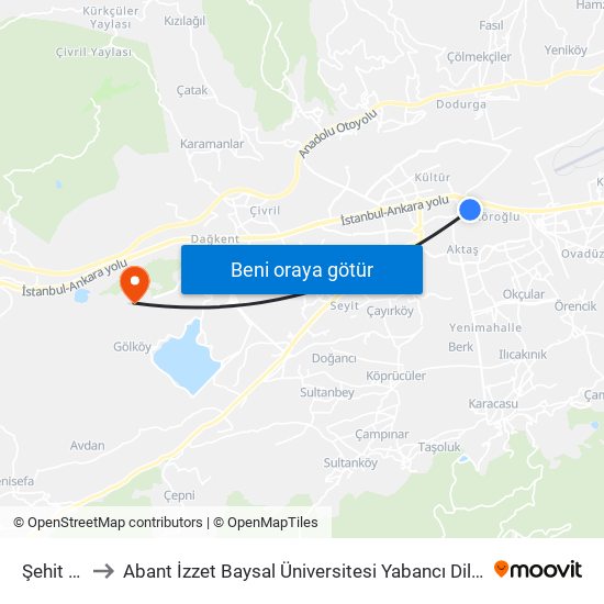 Şehit Kani to Abant İzzet Baysal Üniversitesi Yabancı Diller Yüksekokulu map