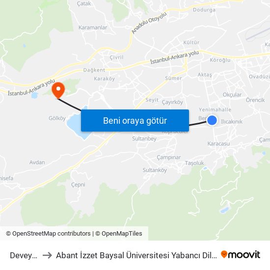 Deveyutan to Abant İzzet Baysal Üniversitesi Yabancı Diller Yüksekokulu map