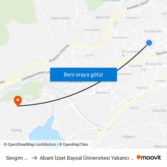 Sevgim Sokak to Abant İzzet Baysal Üniversitesi Yabancı Diller Yüksekokulu map