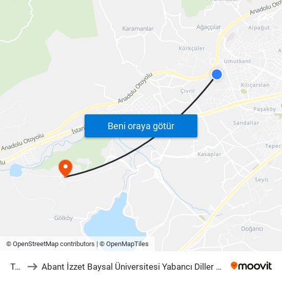 Toki to Abant İzzet Baysal Üniversitesi Yabancı Diller Yüksekokulu map