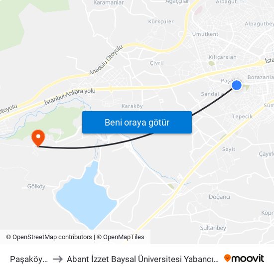 Paşaköy Camii to Abant İzzet Baysal Üniversitesi Yabancı Diller Yüksekokulu map