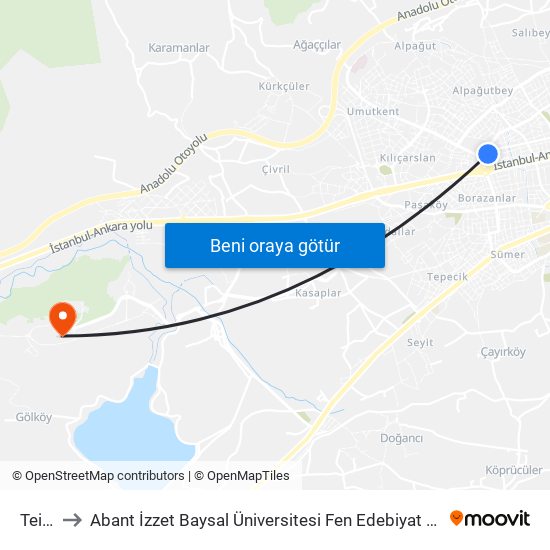 Teiaş to Abant İzzet Baysal Üniversitesi Fen Edebiyat Fakültesi map