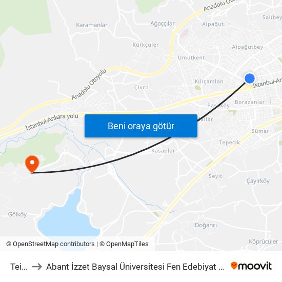 Teiaş to Abant İzzet Baysal Üniversitesi Fen Edebiyat Fakültesi map