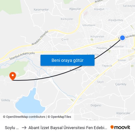 Soylu Otel to Abant İzzet Baysal Üniversitesi Fen Edebiyat Fakültesi map