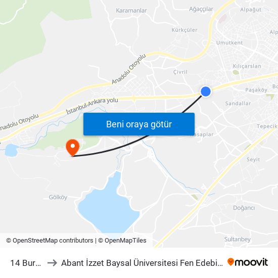 14 Burda 2 to Abant İzzet Baysal Üniversitesi Fen Edebiyat Fakültesi map