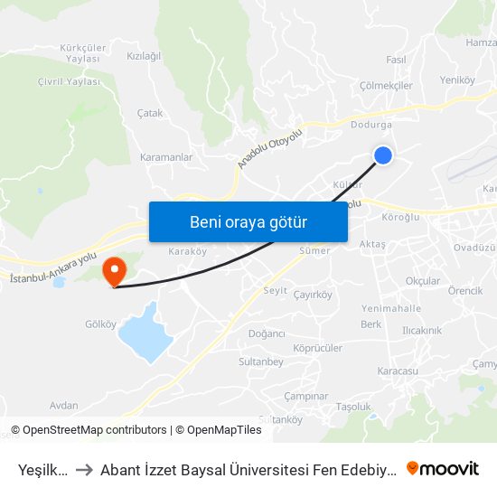 Yeşilkent to Abant İzzet Baysal Üniversitesi Fen Edebiyat Fakültesi map