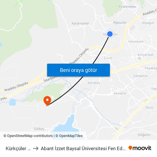 Kürkçüler Camii to Abant İzzet Baysal Üniversitesi Fen Edebiyat Fakültesi map