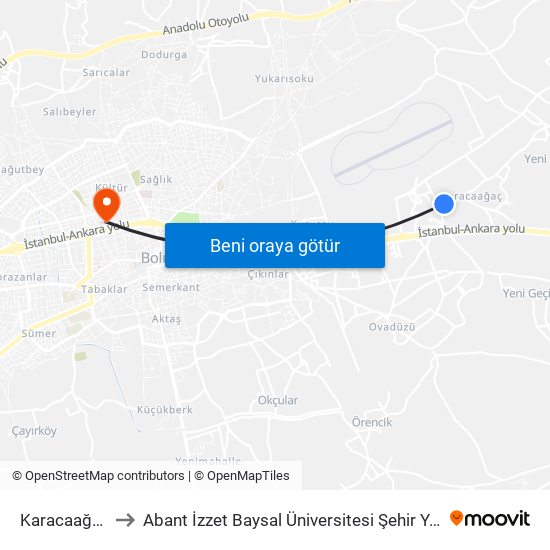 Karacaağaç 5 to Abant İzzet Baysal Üniversitesi Şehir Yerleşkesi map