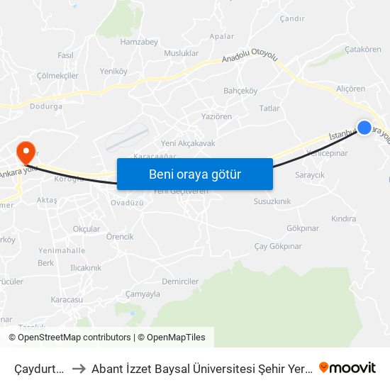 Çaydurt 28 to Abant İzzet Baysal Üniversitesi Şehir Yerleşkesi map