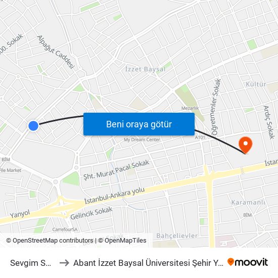 Sevgim Sokak to Abant İzzet Baysal Üniversitesi Şehir Yerleşkesi map