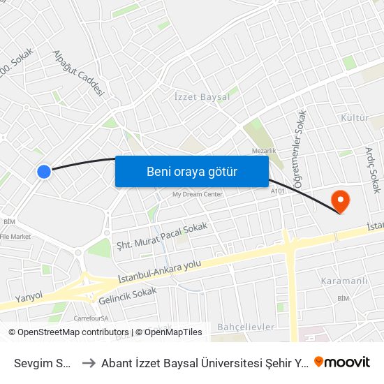 Sevgim Sokak to Abant İzzet Baysal Üniversitesi Şehir Yerleşkesi map