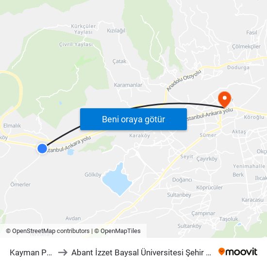 Kayman Petrol to Abant İzzet Baysal Üniversitesi Şehir Yerleşkesi map