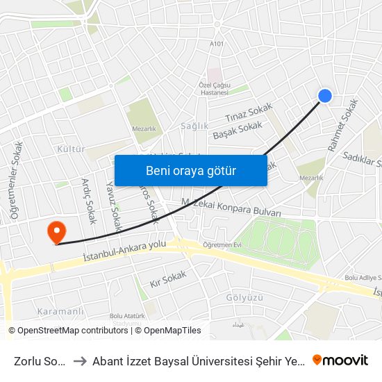 Zorlu Sokak to Abant İzzet Baysal Üniversitesi Şehir Yerleşkesi map