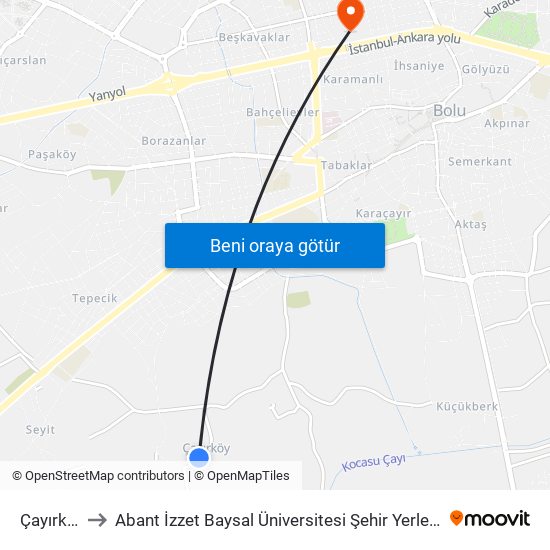 Çayırköy to Abant İzzet Baysal Üniversitesi Şehir Yerleşkesi map