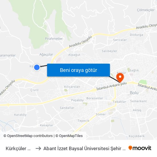 Kürkçüler Camii to Abant İzzet Baysal Üniversitesi Şehir Yerleşkesi map