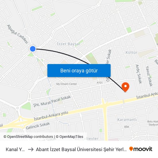 Kanal Yolu to Abant İzzet Baysal Üniversitesi Şehir Yerleşkesi map