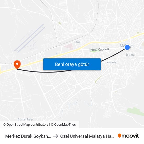 Merkez Durak Soykan Parkı to Özel Universal Malatya Hastanesi map