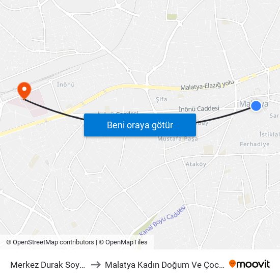 Merkez Durak Soykan Parkı to Malatya Kadın Doğum Ve Çocuk Hastanesi map