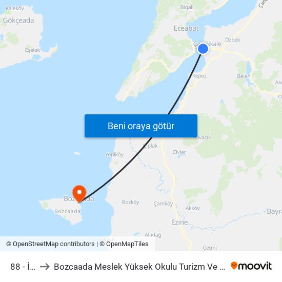 88 - İskele to Bozcaada Meslek Yüksek Okulu Turizm Ve Seyahat Hizmetleri Bölümü map