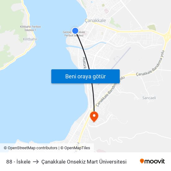 88 - İskele to Çanakkale Onsekiz Mart Üniversitesi map