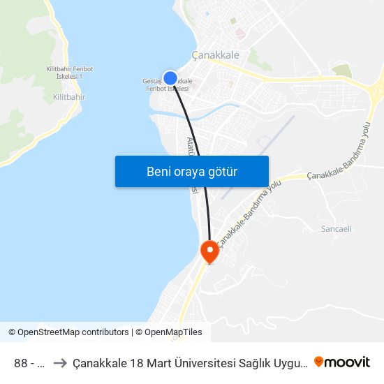 88 - İskele to Çanakkale 18 Mart Üniversitesi Sağlık Uygulama ve Araştırma Hastanesi map