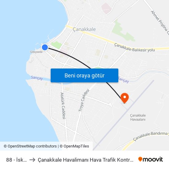 88 - İskele to Çanakkale Havalimanı Hava Trafik Kontrol Kulesi map