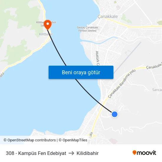 308 - Kampüs Fen Edebiyat to Kilidibahir map