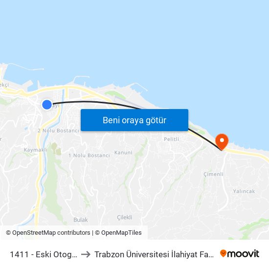 1411 - Eski Otogar-2 to Trabzon Üniversitesi İlahiyat Fakültesi map