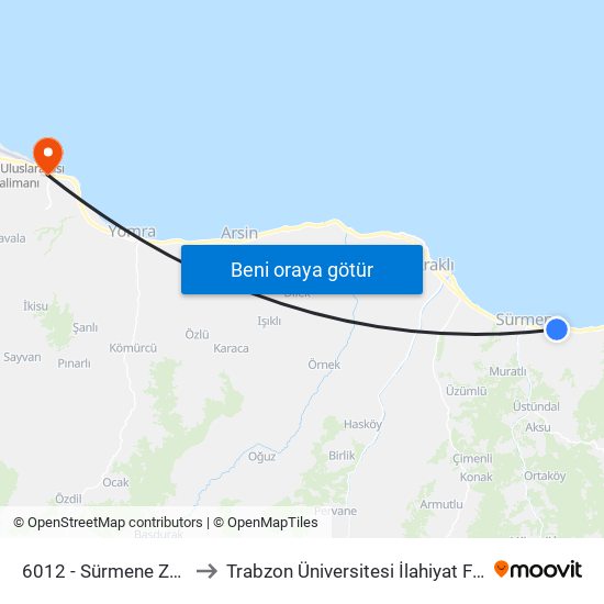 6012 - Sürmene Zarha-1 to Trabzon Üniversitesi İlahiyat Fakültesi map