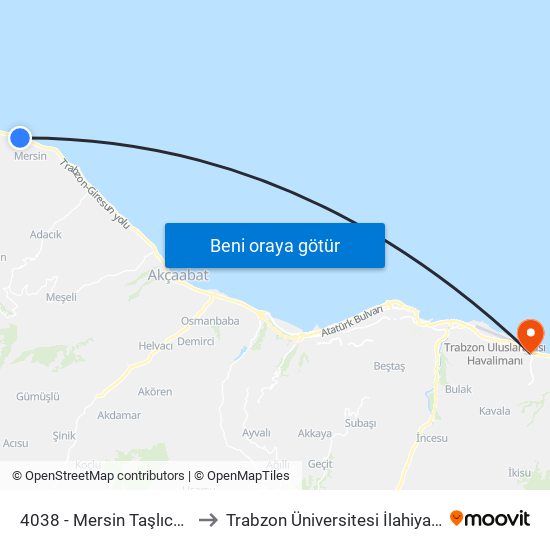 4038 - Mersin Taşlıca Camii-2 to Trabzon Üniversitesi İlahiyat Fakültesi map