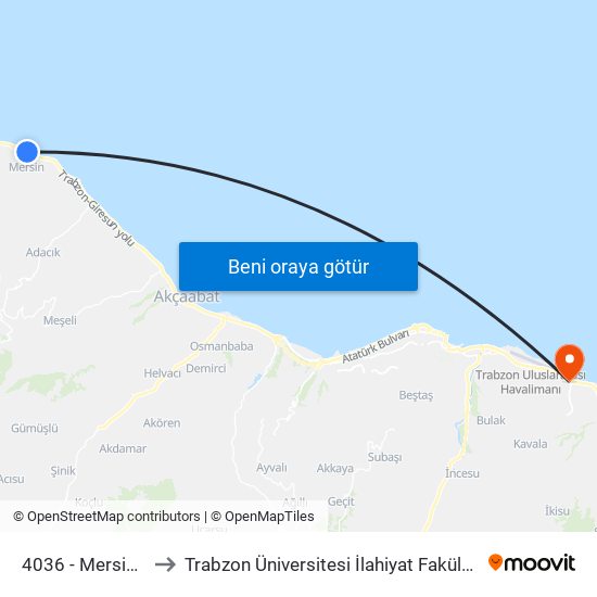 4036 - Mersin-4 to Trabzon Üniversitesi İlahiyat Fakültesi map