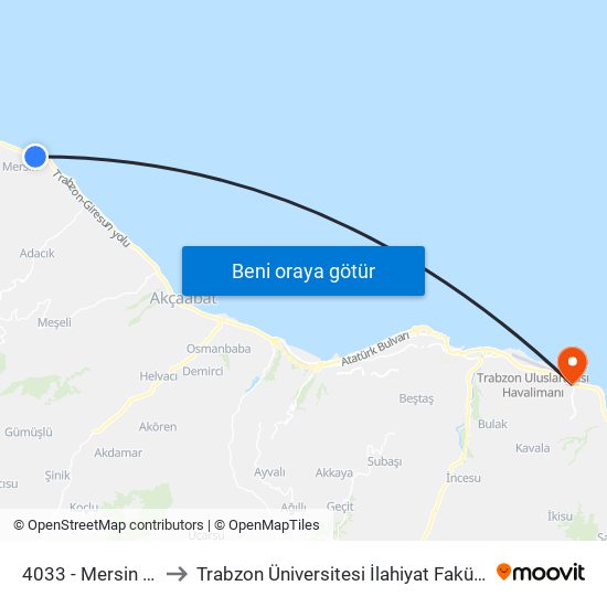 4033 - Mersin Ptt to Trabzon Üniversitesi İlahiyat Fakültesi map