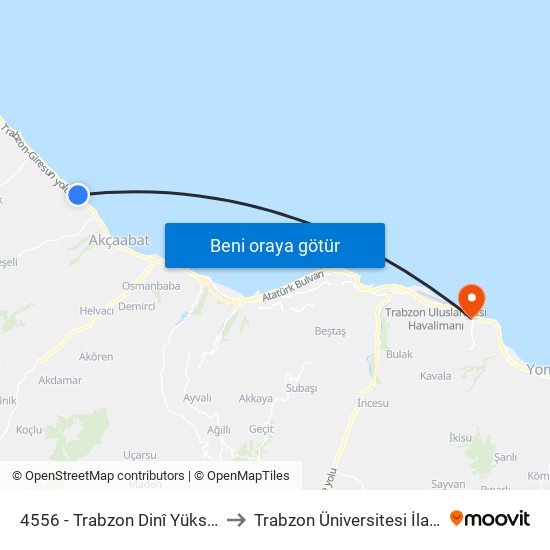 4556 - Trabzon Dinî Yüksek İhtisas Mrk. to Trabzon Üniversitesi İlahiyat Fakültesi map