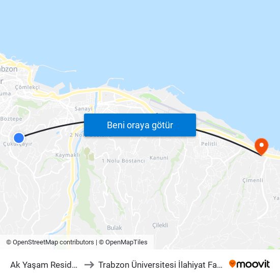 Ak Yaşam Residence to Trabzon Üniversitesi İlahiyat Fakültesi map