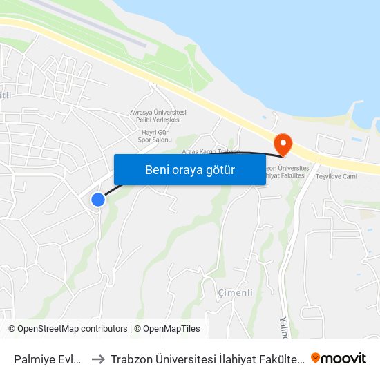 Palmiye Evleri to Trabzon Üniversitesi İlahiyat Fakültesi map