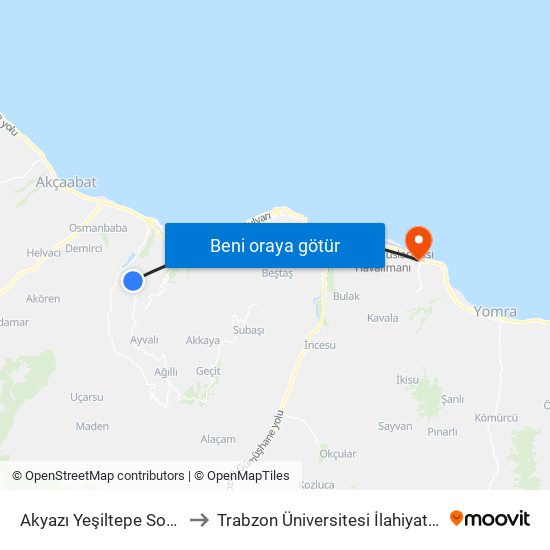 Akyazı Yeşiltepe Son Durak to Trabzon Üniversitesi İlahiyat Fakültesi map