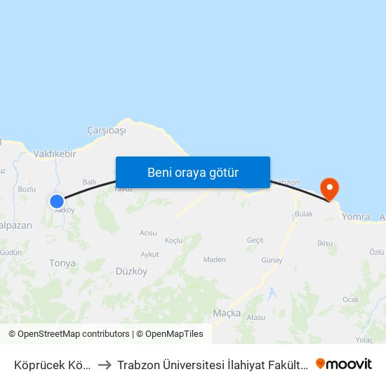 Köprücek Köyü to Trabzon Üniversitesi İlahiyat Fakültesi map