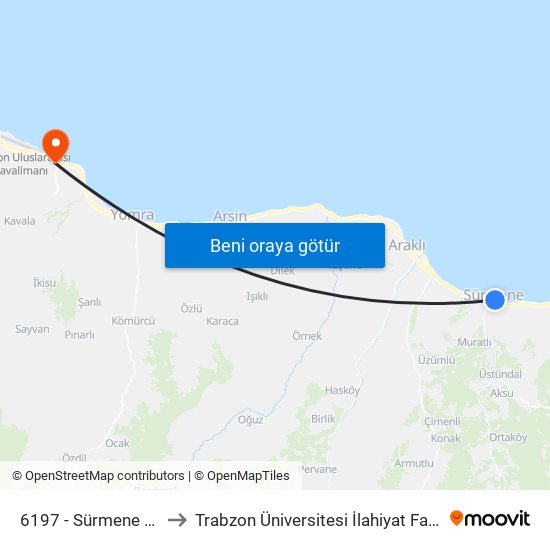 6197 - Sürmene Sahil to Trabzon Üniversitesi İlahiyat Fakültesi map