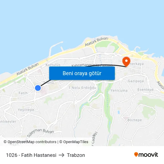 1026 - Fatih Hastanesi to Trabzon map