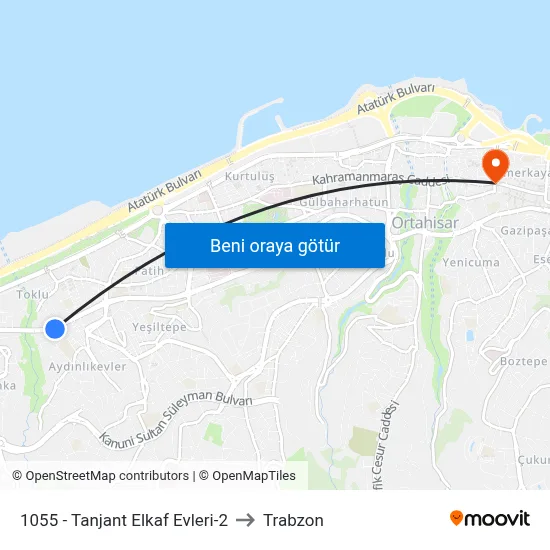 1055 - Tanjant Elkaf Evleri-2 to Trabzon map