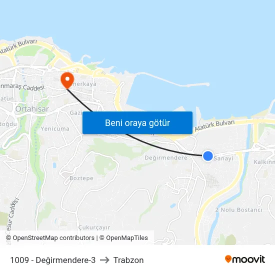 1009 - Değirmendere-3 to Trabzon map