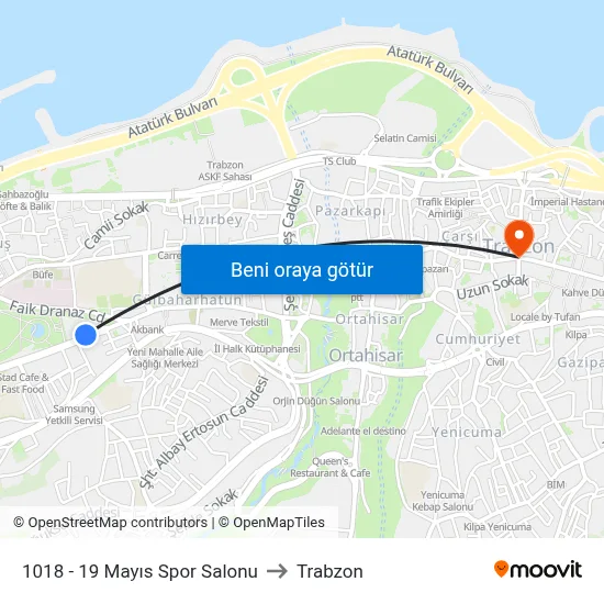1018 - 19 Mayıs Spor Salonu to Trabzon map