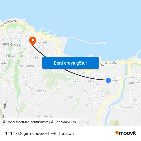 1411 - Değirmendere-4 to Trabzon map